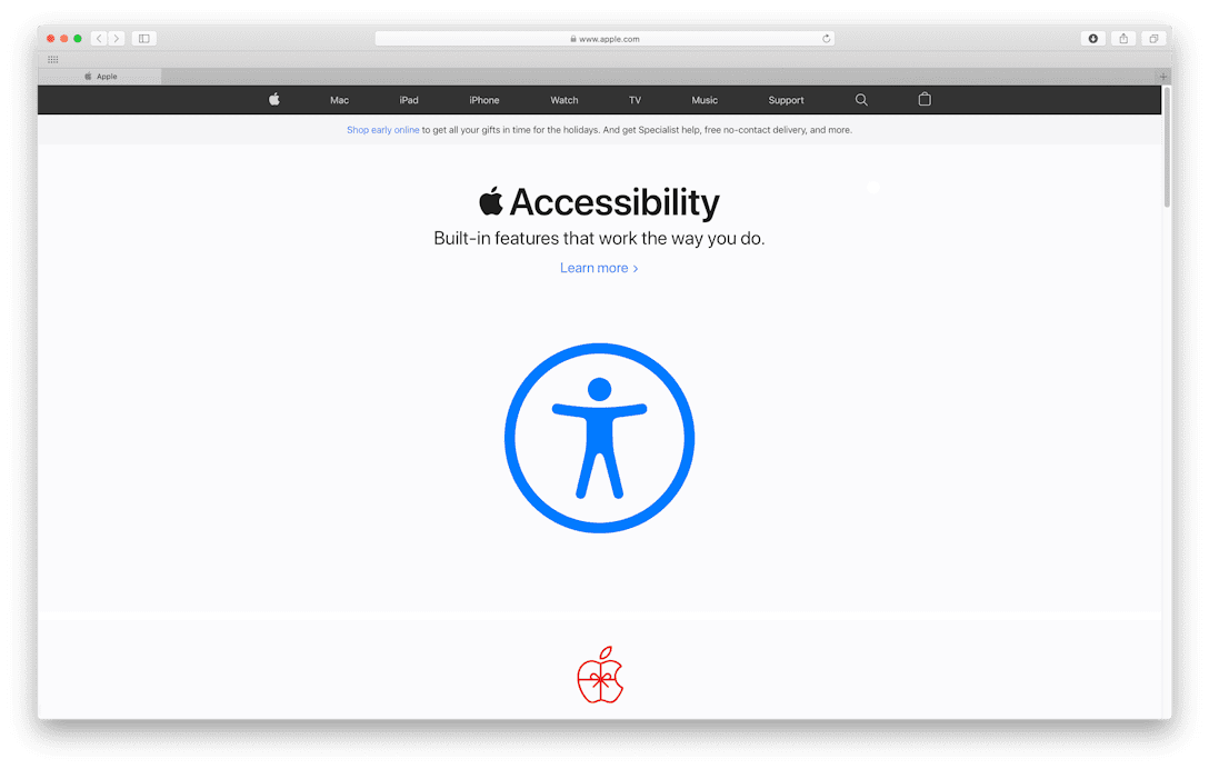 Screenshot af Apples hjemmeside den 3. december 2020, der promoverer firmaets fokus på tilgængelighed.