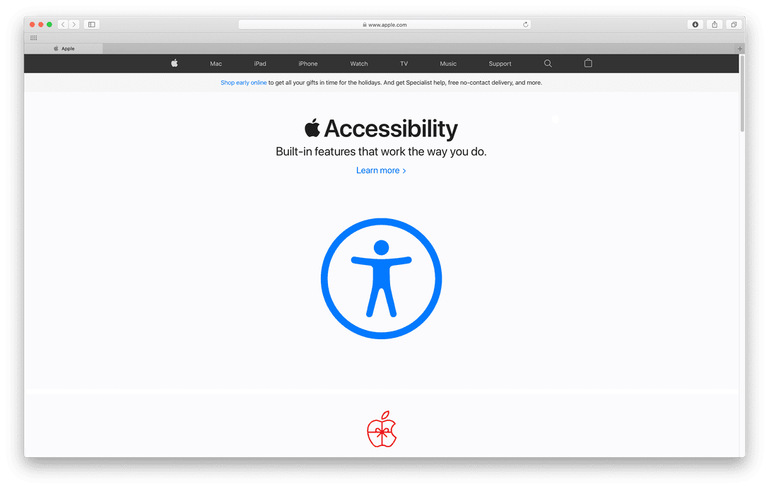 Screenshot af Apples hjemmeside den 3. december 2020, der promoverer firmaets fokus på tilgængelighed.